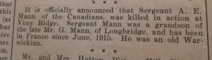 A E Mann 5th May 1917